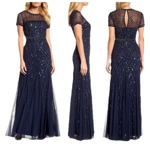 Adrianna Papell Dress Blue Beaded Gown Navy Blue Size 2 Floor Length